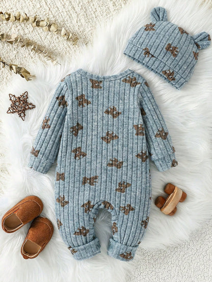2pcs Baby Boy Set Ribbed Fabric Bear Print Long Sleeve Romper & 3D Bear Ear Hat Blue And Brown Polka Dot Autumn Cute Modest New Born Baby Girl