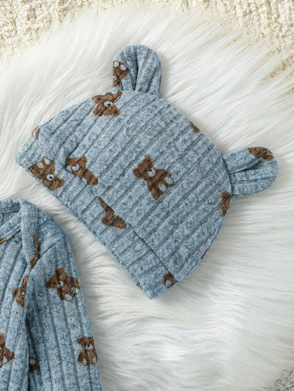 2pcs Baby Boy Set Ribbed Fabric Bear Print Long Sleeve Romper & 3D Bear Ear Hat Blue And Brown Polka Dot Autumn Cute Modest New Born Baby Girl