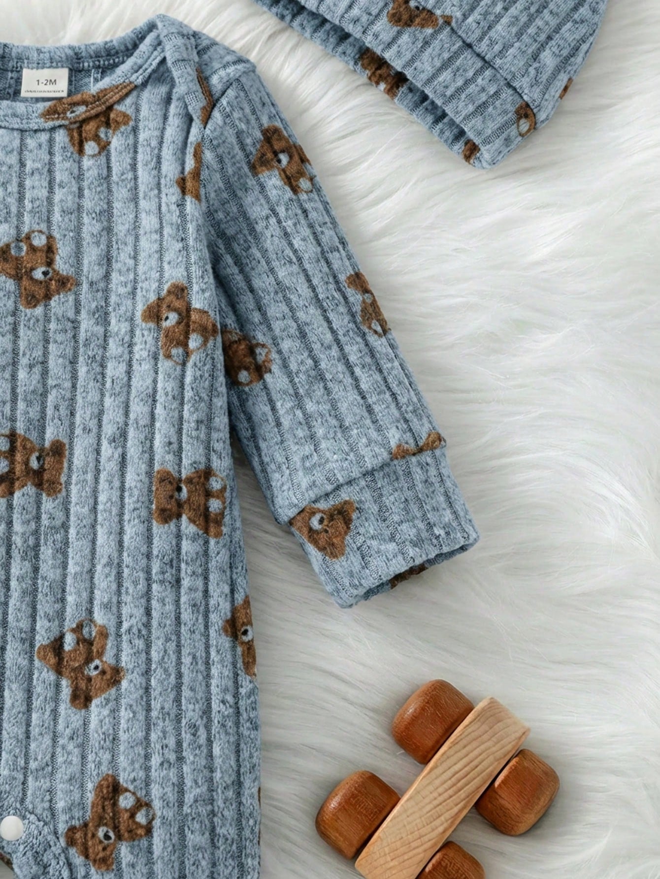2pcs Baby Boy Set Ribbed Fabric Bear Print Long Sleeve Romper & 3D Bear Ear Hat Blue And Brown Polka Dot Autumn Cute Modest New Born Baby Girl