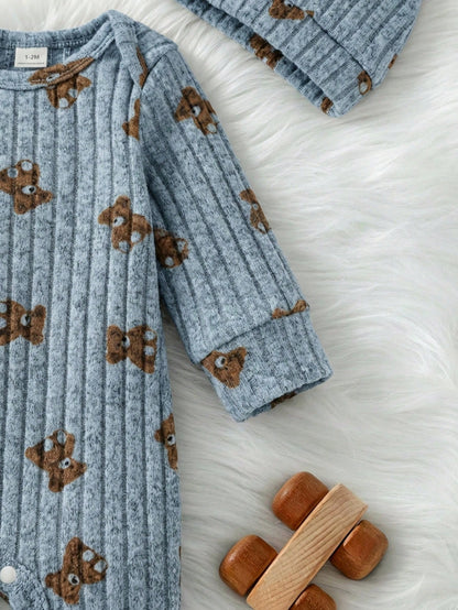 2pcs Baby Boy Set Ribbed Fabric Bear Print Long Sleeve Romper & 3D Bear Ear Hat Blue And Brown Polka Dot Autumn Cute Modest New Born Baby Girl