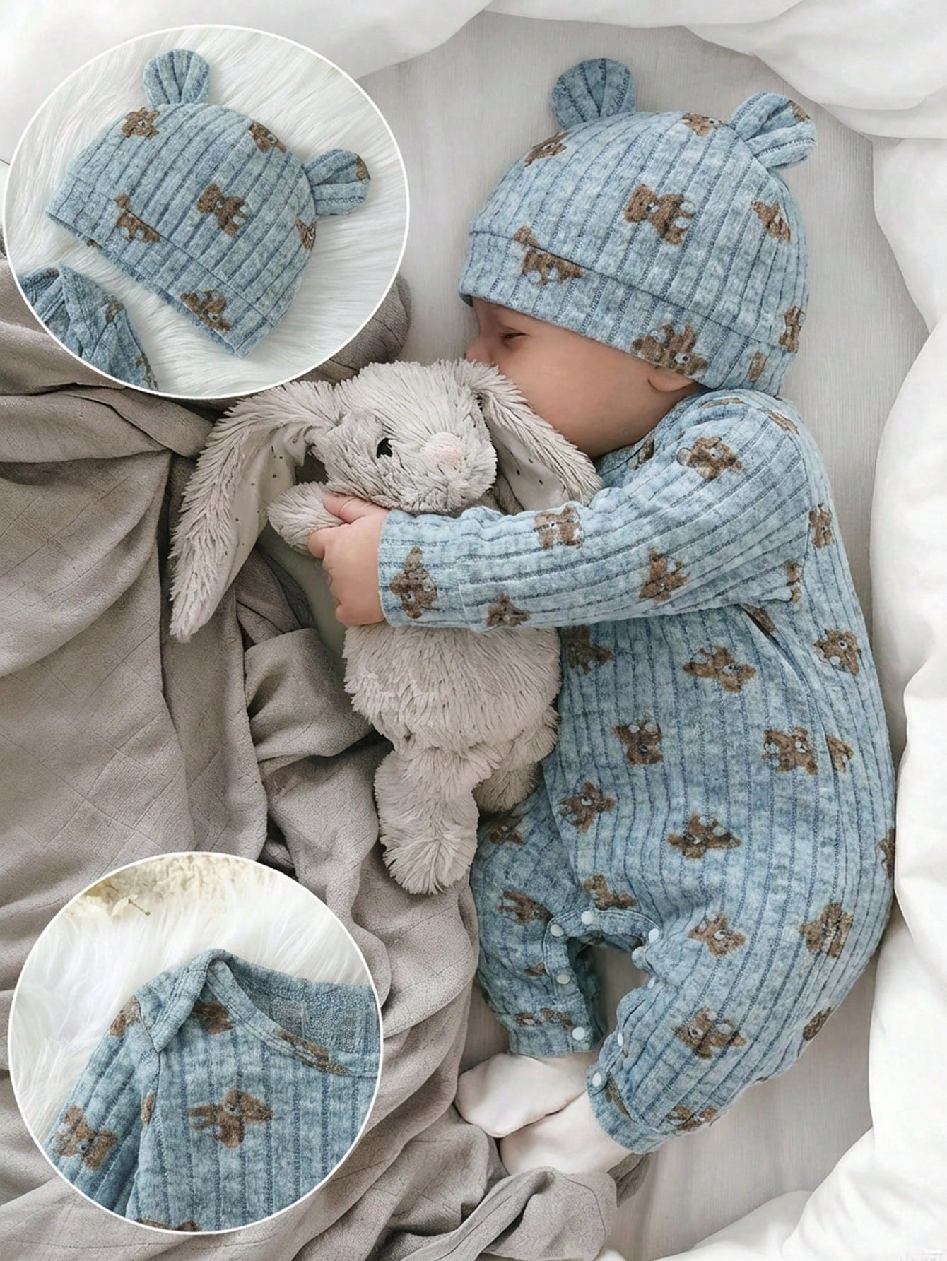 2pcs Baby Boy Set Ribbed Fabric Bear Print Long Sleeve Romper & 3D Bear Ear Hat Blue And Brown Polka Dot Autumn Cute Modest New Born Baby Girl