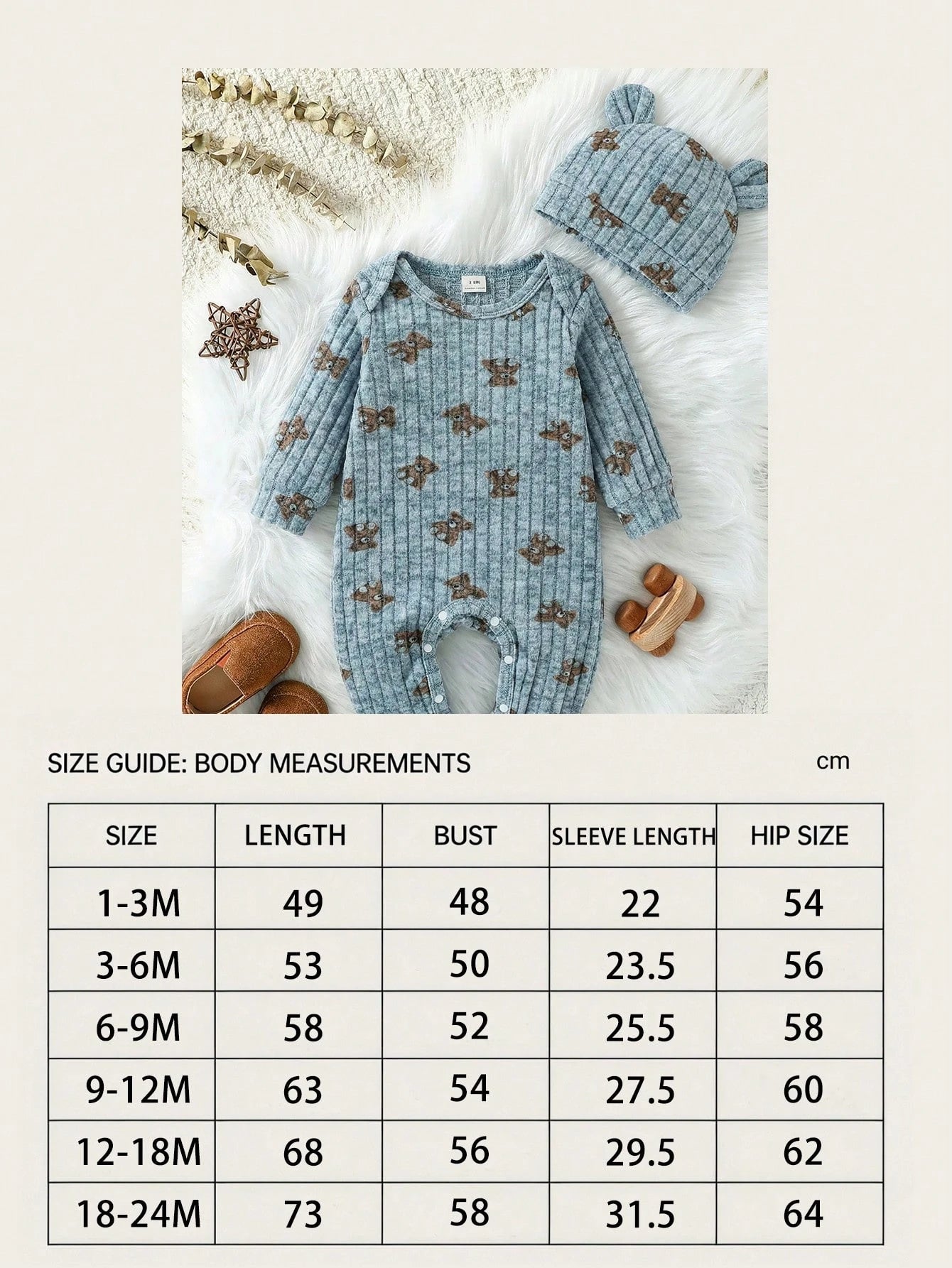 2pcs Baby Boy Set Ribbed Fabric Bear Print Long Sleeve Romper & 3D Bear Ear Hat Blue And Brown Polka Dot Autumn Cute Modest New Born Baby Girl