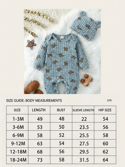 2pcs Baby Boy Set Ribbed Fabric Bear Print Long Sleeve Romper & 3D Bear Ear Hat Blue And Brown Polka Dot Autumn Cute Modest New Born Baby Girl