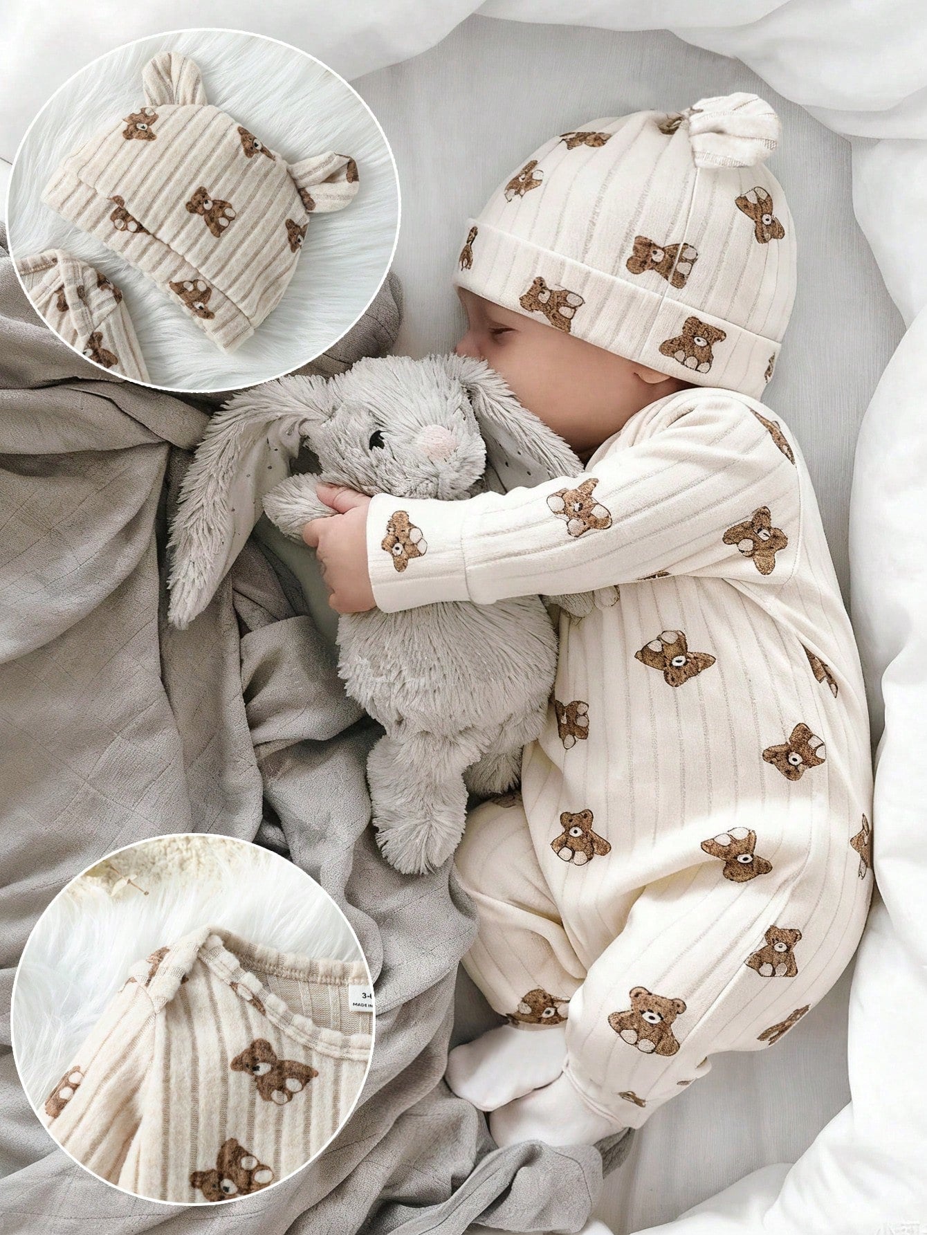 2pcs Baby Boy Set Ribbed Fabric Bear Print Long Sleeve Romper & 3D Bear Ear Hat Blue And Brown Polka Dot Autumn Cute Modest New Born Baby Girl