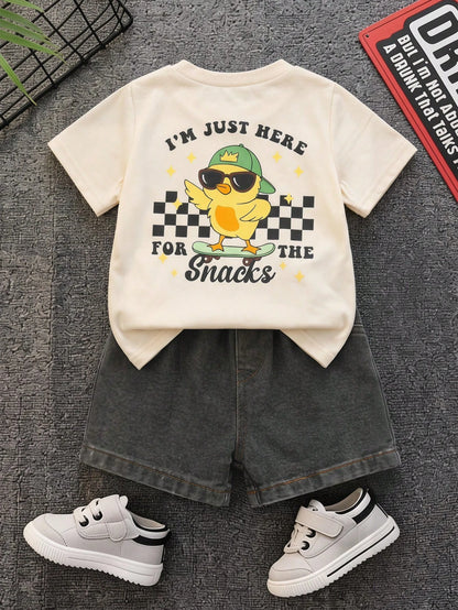 2pcs Baby Boy Summer Casual Cute Duck T-Shirt And Black Denim Shorts Set, Adorable Outfit, Summer Suit, Infant Toddler Denim Set, T-Shirt Set