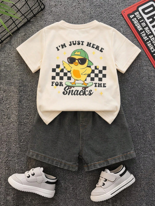 2pcs Baby Boy Summer Casual Cute Duck T-Shirt And Black Denim Shorts Set, Adorable Outfit, Summer Suit, Infant Toddler Denim Set, T-Shirt Set