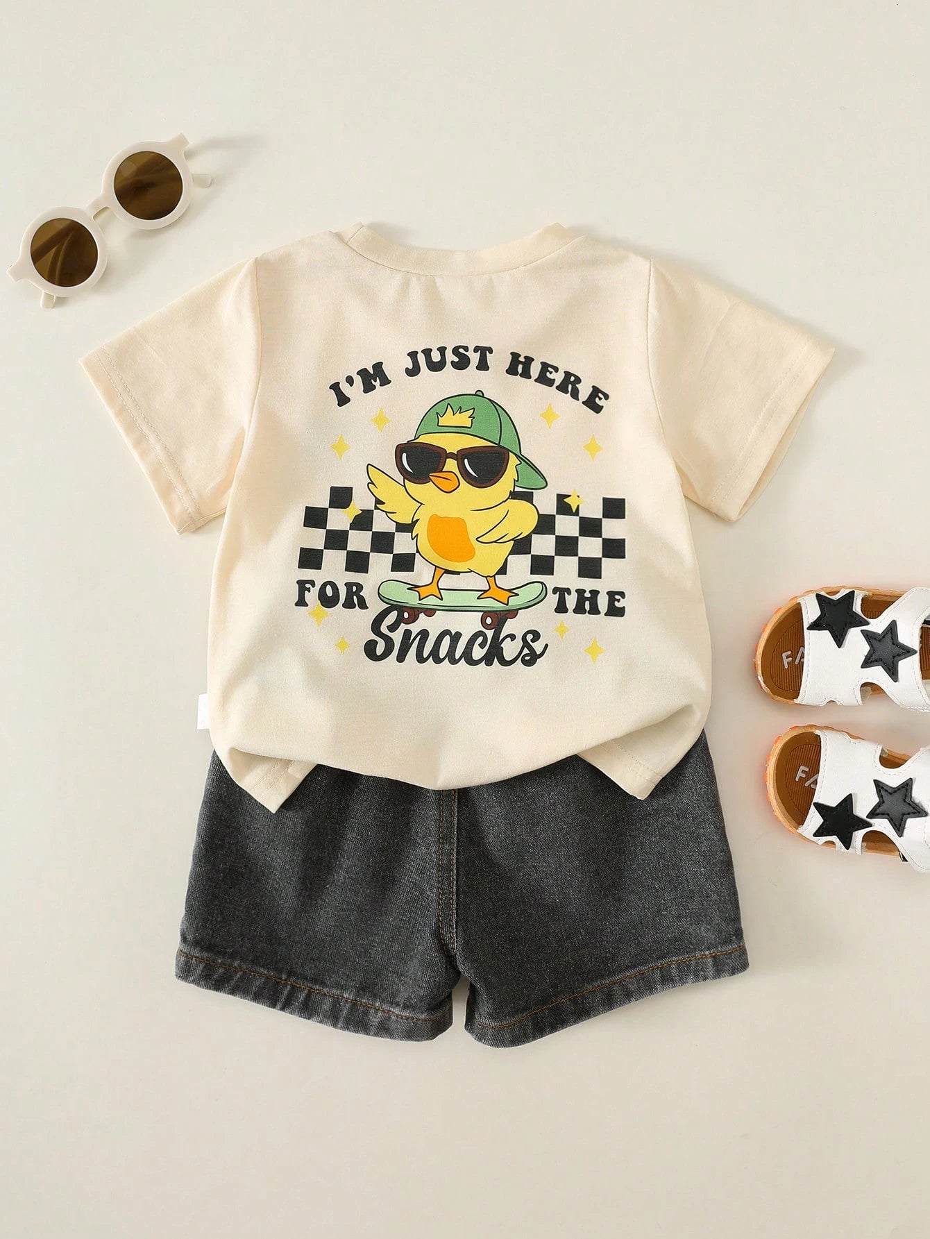 2pcs Baby Boy Summer Casual Cute Duck T-Shirt And Black Denim Shorts Set, Adorable Outfit, Summer Suit, Infant Toddler Denim Set, T-Shirt Set