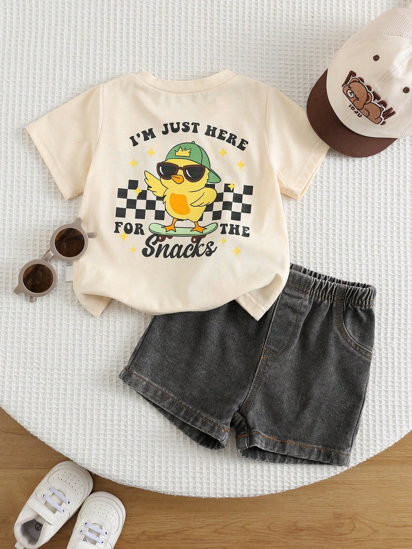 2pcs Baby Boy Summer Casual Cute Duck T-Shirt And Black Denim Shorts Set, Adorable Outfit, Summer Suit, Infant Toddler Denim Set, T-Shirt Set