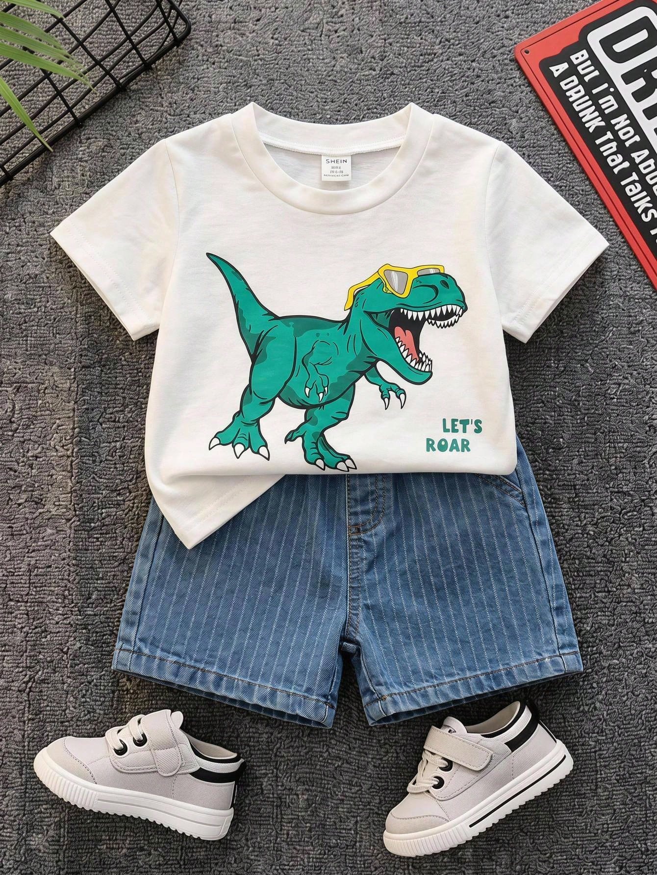 2pcs Baby Boy Summer Casual Cute Duck T-Shirt And Black Denim Shorts Set, Adorable Outfit, Summer Suit, Infant Toddler Denim Set, T-Shirt Set