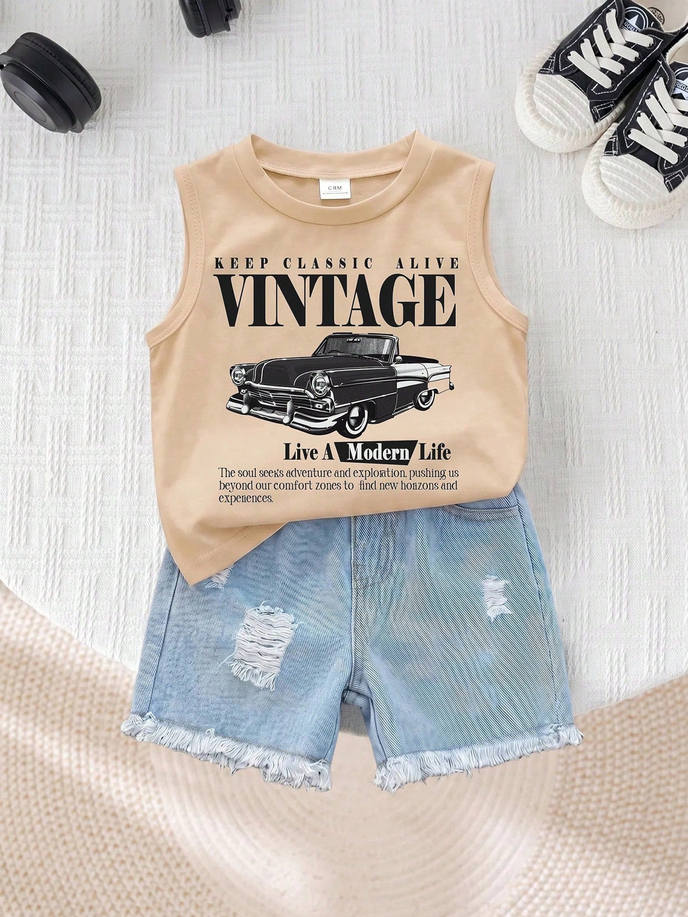 2pcs Baby Boy Summer Casual Street Chic Car Graphic Tank Top And Denim Shorts Set