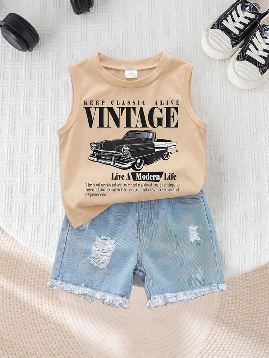 2pcs Baby Boy Summer Casual Street Chic Car Graphic Tank Top And Denim Shorts Set