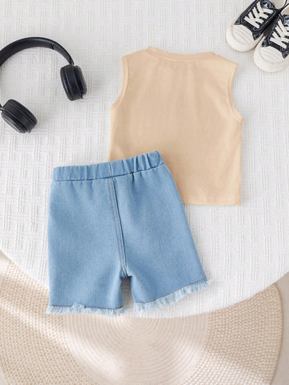 2pcs Baby Boy Summer Casual Street Chic Car Graphic Tank Top And Denim Shorts Set