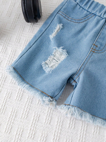 2pcs Baby Boy Summer Casual Street Chic Car Graphic Tank Top And Denim Shorts Set