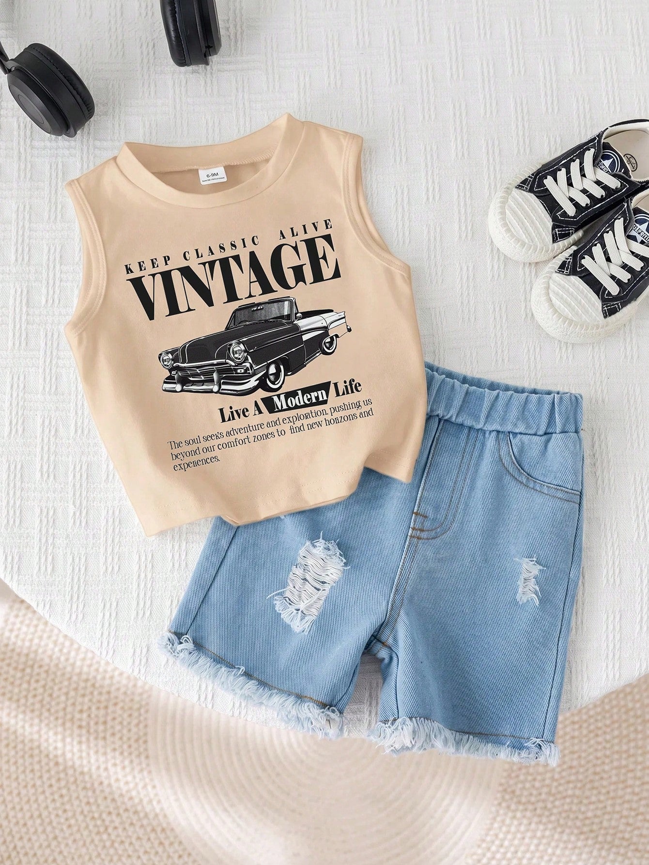 2pcs Baby Boy Summer Casual Street Chic Car Graphic Tank Top And Denim Shorts Set
