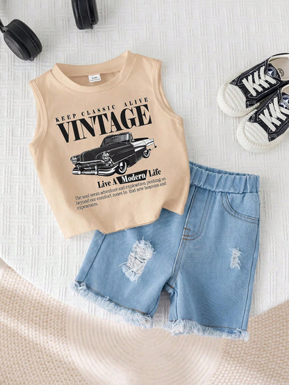 2pcs Baby Boy Summer Casual Street Chic Car Graphic Tank Top And Denim Shorts Set