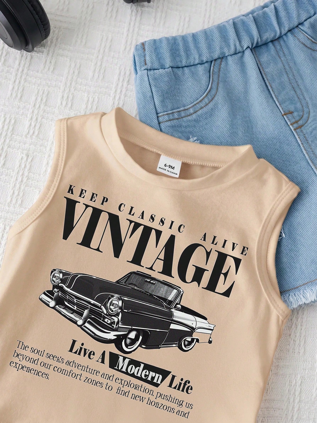 2pcs Baby Boy Summer Casual Street Chic Car Graphic Tank Top And Denim Shorts Set