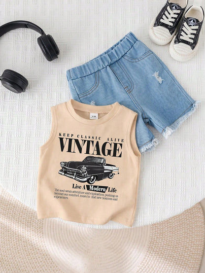 2pcs Baby Boy Summer Casual Street Chic Car Graphic Tank Top And Denim Shorts Set