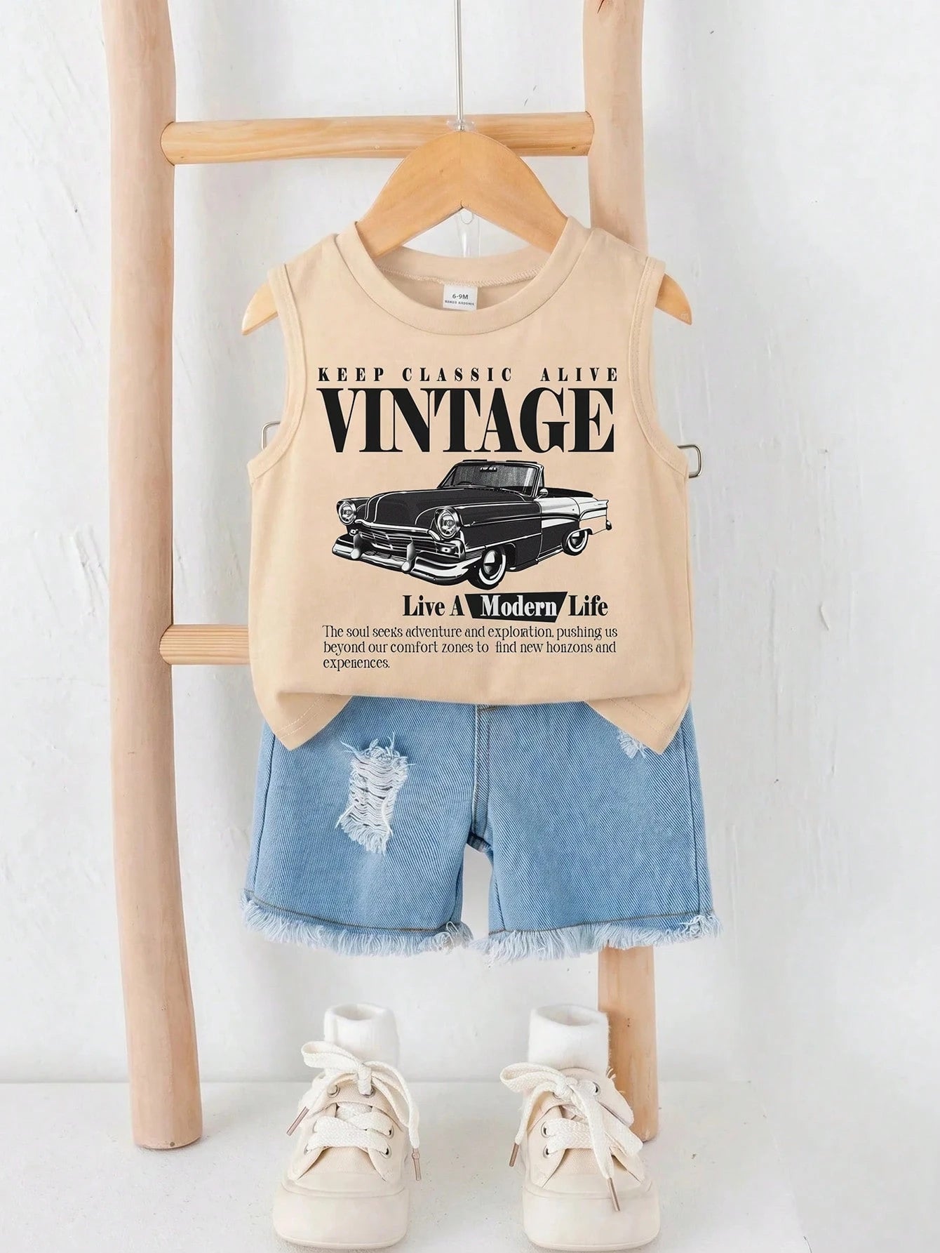 2pcs Baby Boy Summer Casual Street Chic Car Graphic Tank Top And Denim Shorts Set