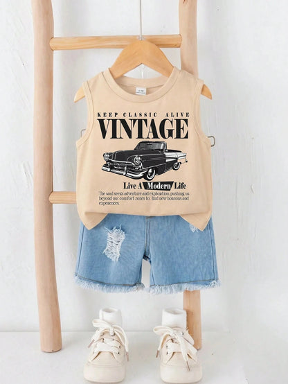 2pcs Baby Boy Summer Casual Street Chic Car Graphic Tank Top And Denim Shorts Set
