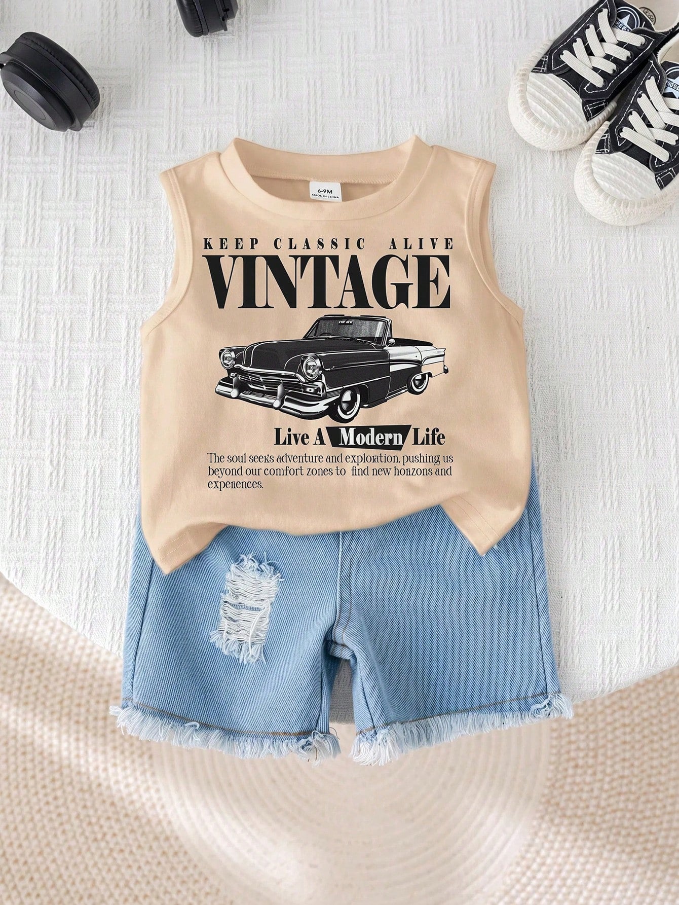 2pcs Baby Boy Summer Casual Street Chic Car Graphic Tank Top And Denim Shorts Set
