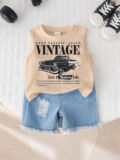 2pcs Baby Boy Summer Casual Street Chic Car Graphic Tank Top And Denim Shorts Set