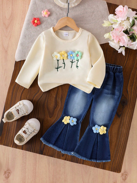 2pcs Baby Girl Bohemian Style Floral Decor Round Neck Long Sleeve T-Shirt Top And Floral Embellished Flare Leg Jeans Pants Set