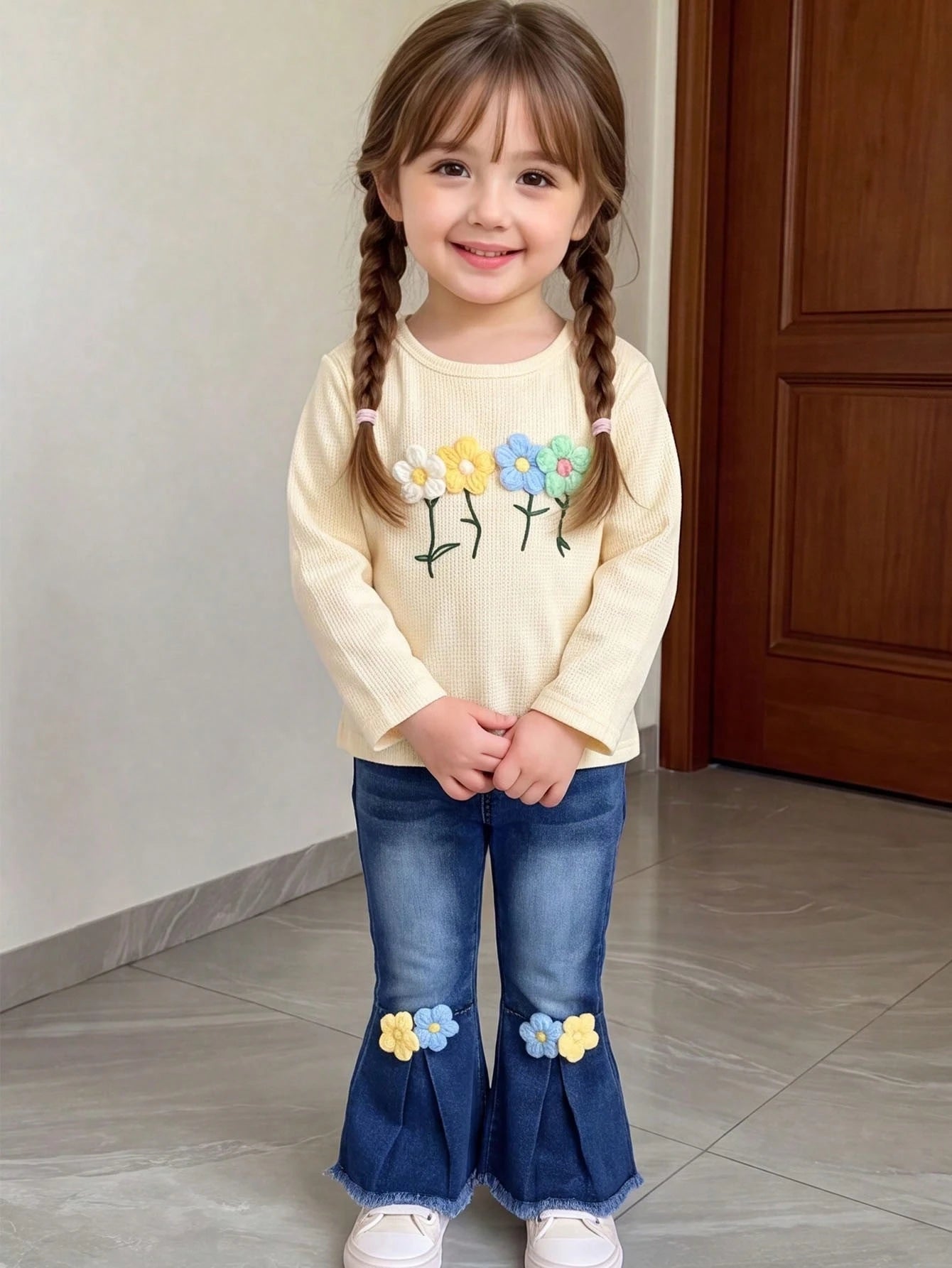 2pcs Baby Girl Bohemian Style Floral Decor Round Neck Long Sleeve T-Shirt Top And Floral Embellished Flare Leg Jeans Pants Set