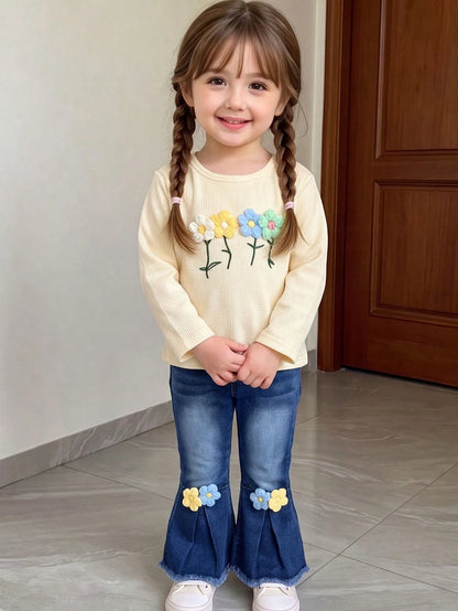 2pcs Baby Girl Bohemian Style Floral Decor Round Neck Long Sleeve T-Shirt Top And Floral Embellished Flare Leg Jeans Pants Set