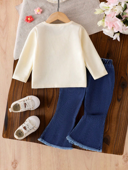 2pcs Baby Girl Bohemian Style Floral Decor Round Neck Long Sleeve T-Shirt Top And Floral Embellished Flare Leg Jeans Pants Set