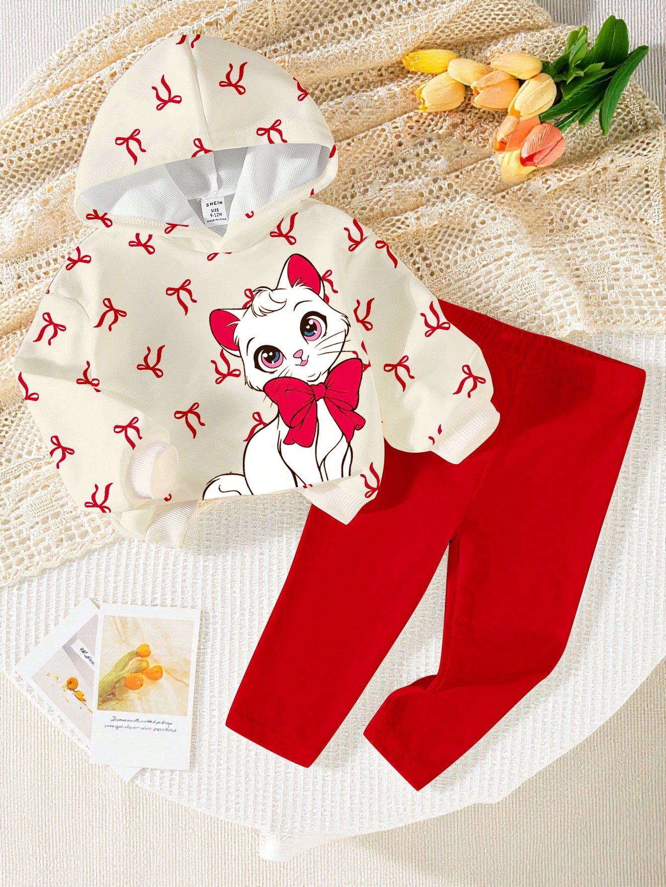 2pcs Baby Girl Casual Fashion Minimalist Sweet Cute Bow & Cat Print Hooded Sweatshirt Pullover And Pink Leggings, Suitable For Autumn/Winter