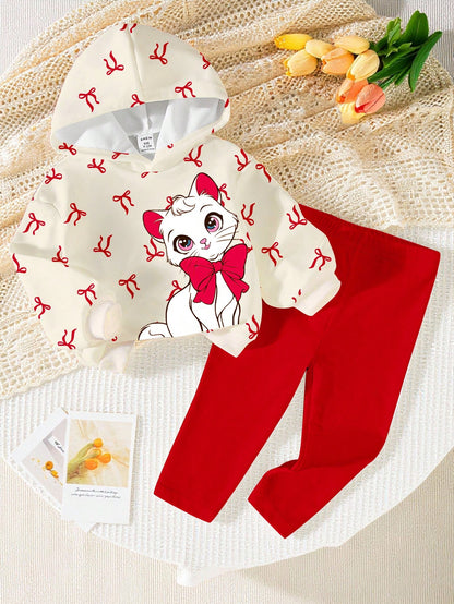 2pcs Baby Girl Casual Fashion Minimalist Sweet Cute Bow & Cat Print Hooded Sweatshirt Pullover And Pink Leggings, Suitable For Autumn/Winter