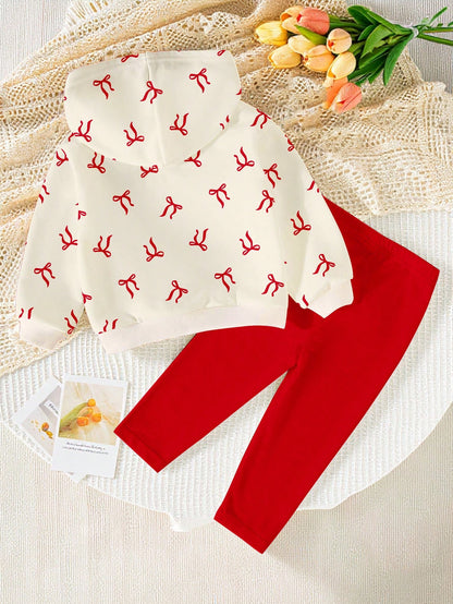 2pcs Baby Girl Casual Fashion Minimalist Sweet Cute Bow & Cat Print Hooded Sweatshirt Pullover And Pink Leggings, Suitable For Autumn/Winter