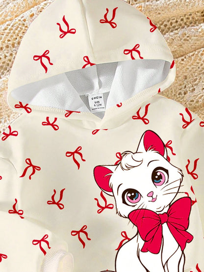 2pcs Baby Girl Casual Fashion Minimalist Sweet Cute Bow & Cat Print Hooded Sweatshirt Pullover And Pink Leggings, Suitable For Autumn/Winter