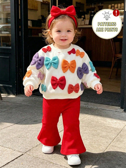 2pcs Baby Girl Casual Fashion Simple Sweet 3D Faux Embroidery Bow Print Crew Neck Sweatshirt And Solid Color Flared Pants Set, Suitable For Autumn/Winter, Daily, Outdoor Wear, Basic Versatile, Fashion