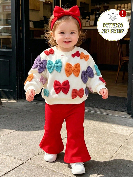 2pcs Baby Girl Casual Fashion Simple Sweet 3D Faux Embroidery Bow Print Crew Neck Sweatshirt And Solid Color Flared Pants Set, Suitable For Autumn/Winter, Daily, Outdoor Wear, Basic Versatile, Fashion