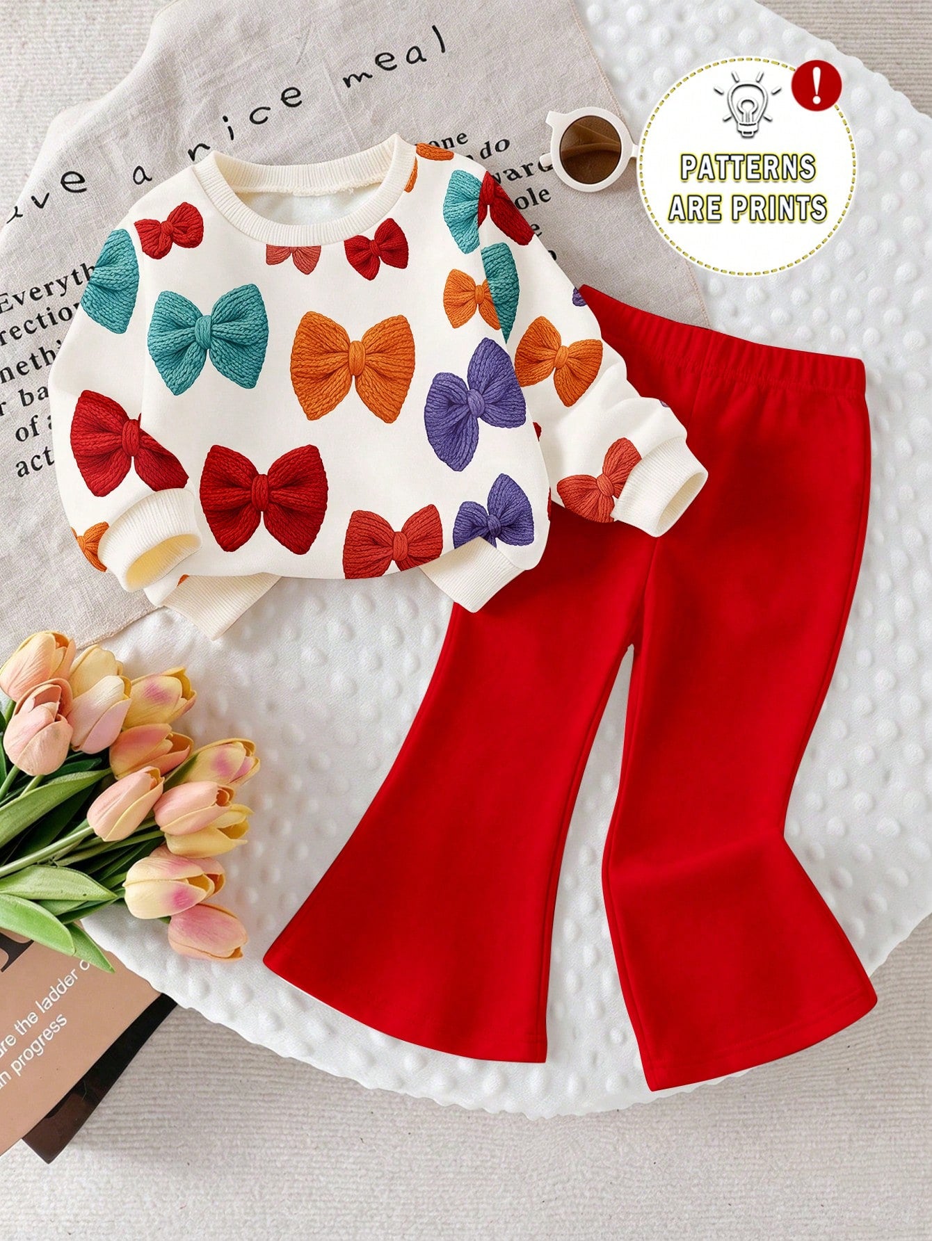 2pcs Baby Girl Casual Fashion Simple Sweet 3D Faux Embroidery Bow Print Crew Neck Sweatshirt And Solid Color Flared Pants Set, Suitable For Autumn/Winter, Daily, Outdoor Wear, Basic Versatile, Fashion