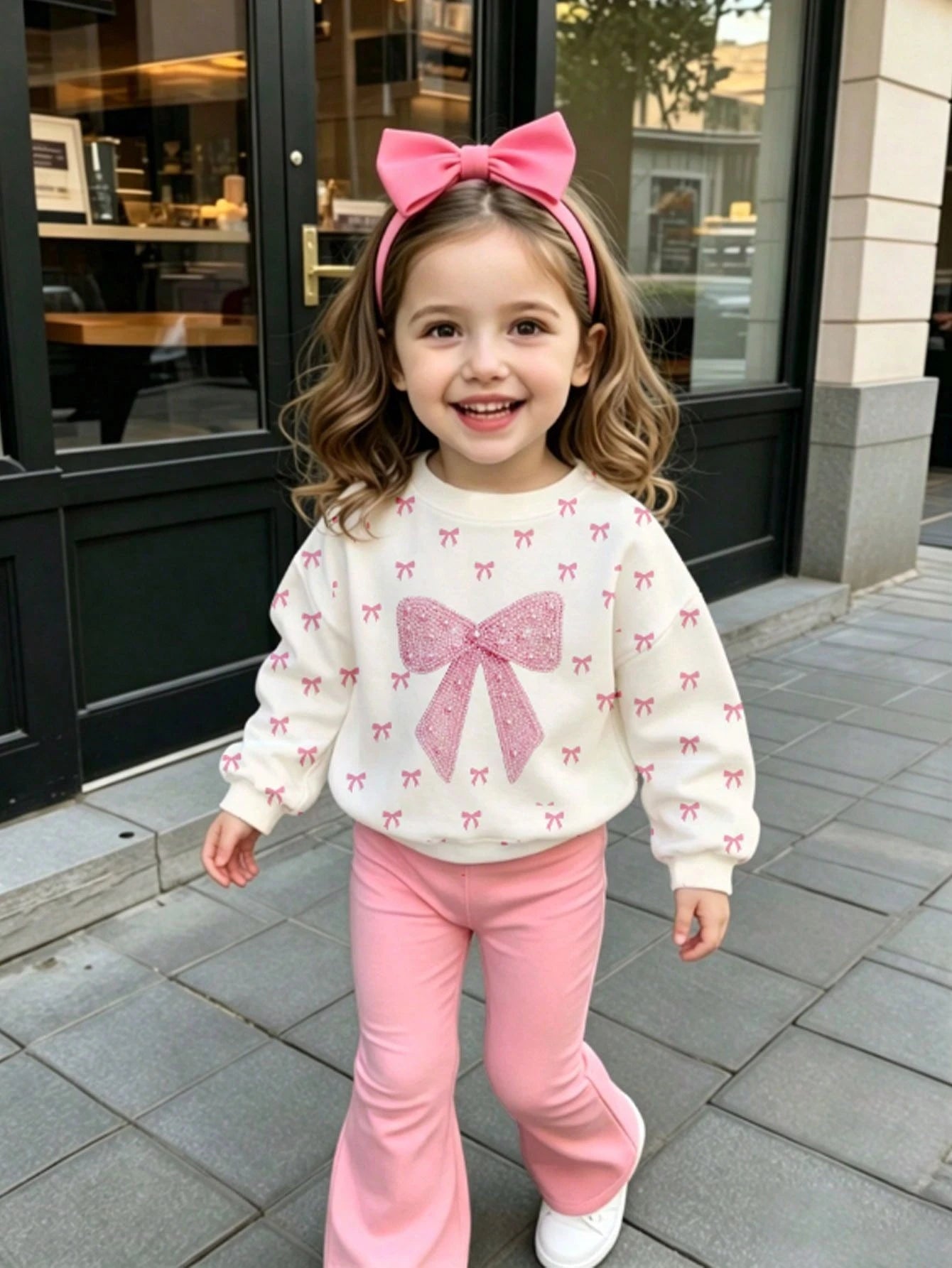 2pcs Baby Girl Casual Fashion Simple Sweet 3D Faux Embroidery Bow Print Crew Neck Sweatshirt And Solid Color Flared Pants Set, Suitable For Autumn/Winter, Daily, Outdoor Wear, Basic Versatile, Fashion