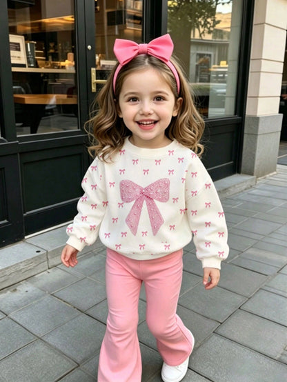 2pcs Baby Girl Casual Fashion Simple Sweet 3D Faux Embroidery Bow Print Crew Neck Sweatshirt And Solid Color Flared Pants Set, Suitable For Autumn/Winter, Daily, Outdoor Wear, Basic Versatile, Fashion