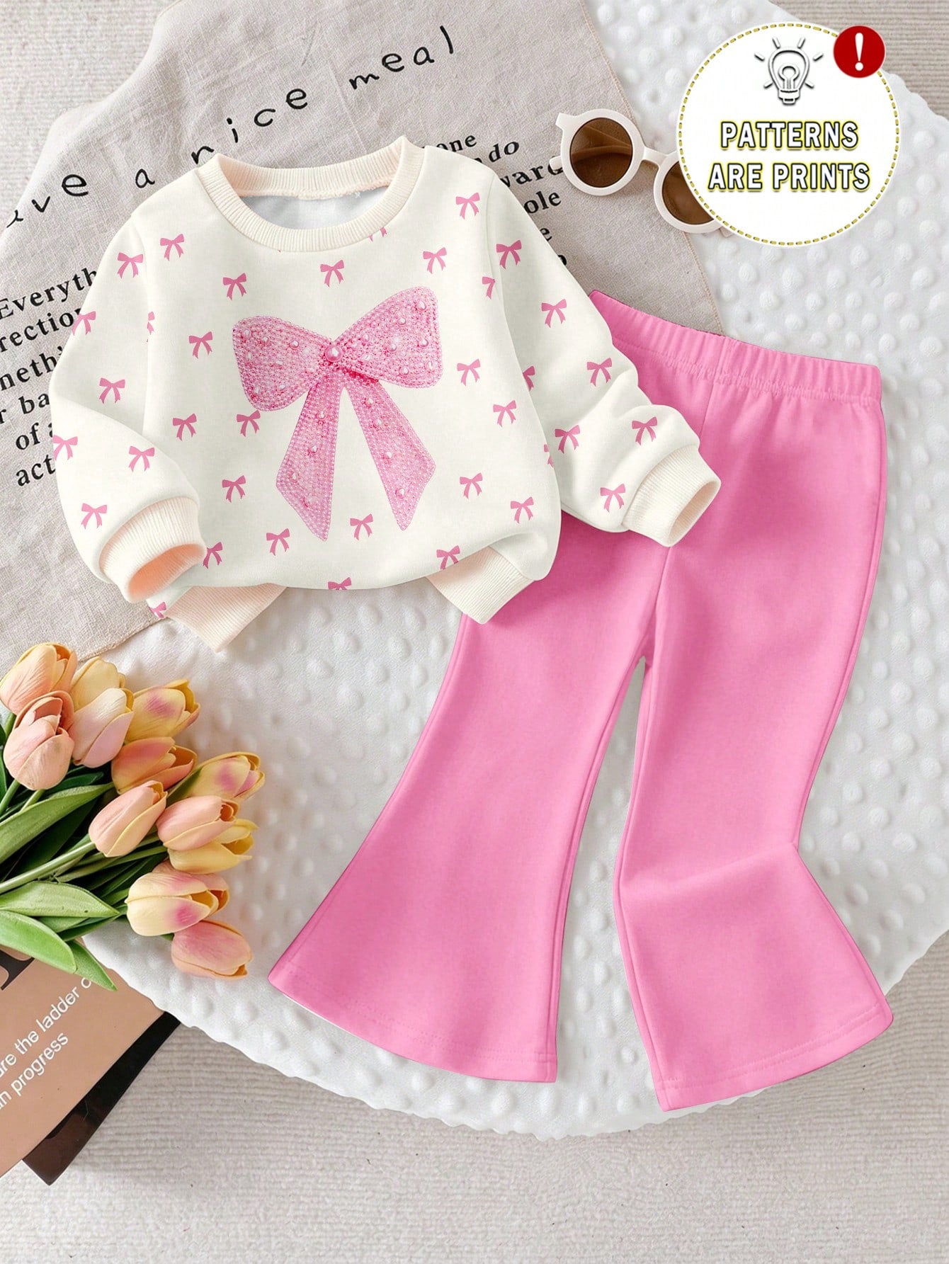 2pcs Baby Girl Casual Fashion Simple Sweet 3D Faux Embroidery Bow Print Crew Neck Sweatshirt And Solid Color Flared Pants Set, Suitable For Autumn/Winter, Daily, Outdoor Wear, Basic Versatile, Fashion