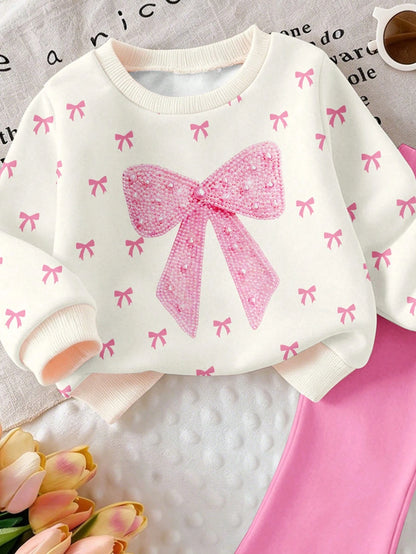 2pcs Baby Girl Casual Fashion Simple Sweet 3D Faux Embroidery Bow Print Crew Neck Sweatshirt And Solid Color Flared Pants Set, Suitable For Autumn/Winter, Daily, Outdoor Wear, Basic Versatile, Fashion