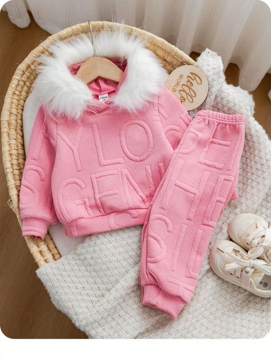 2pcs Baby Girl Cute Pink Winter Outfit,Long Sleeve Hooded Sweatshirt With Furry Collar & Elastic Waist Pants Set,Casual Daily Wear For Play Date