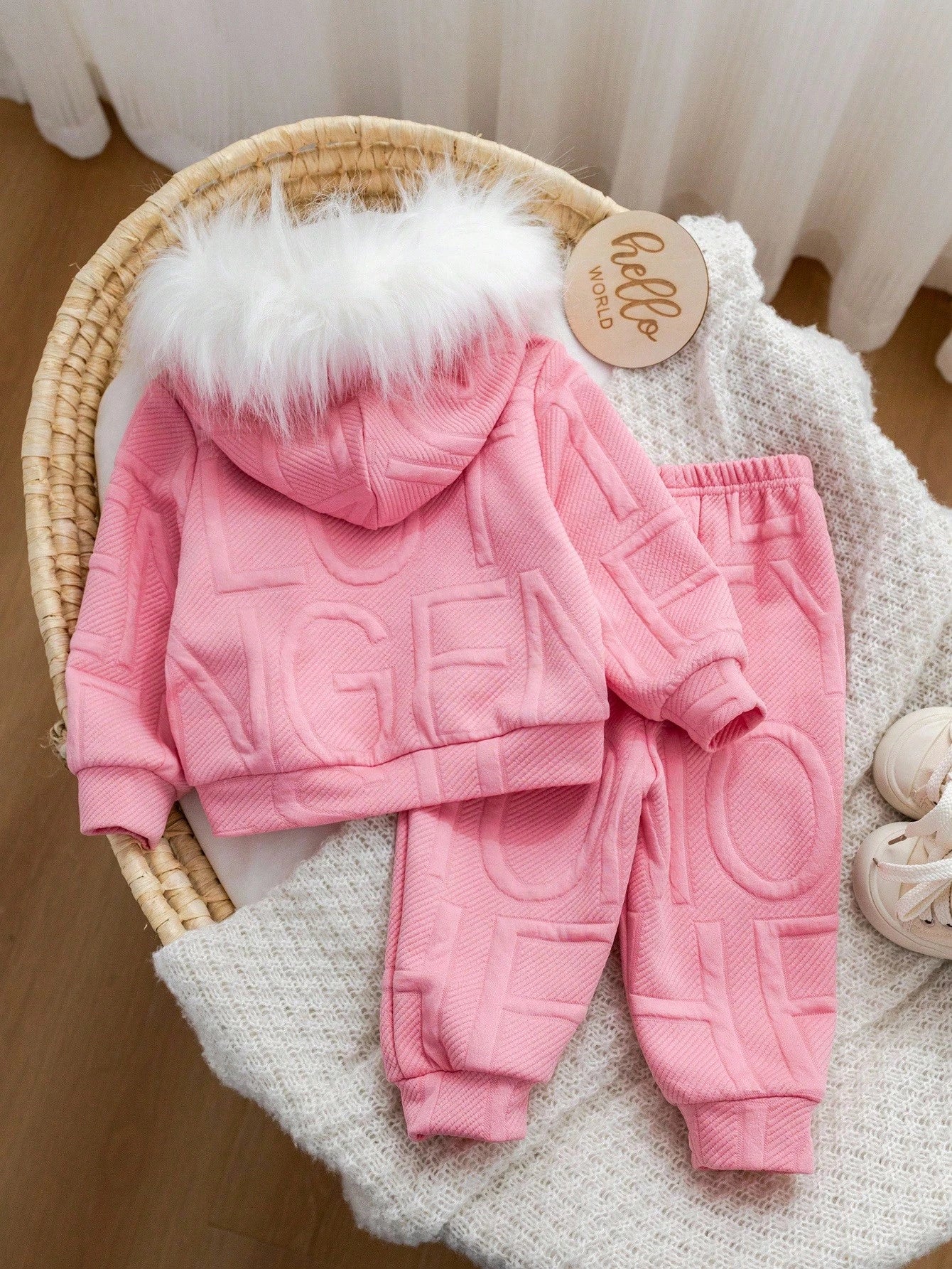 2pcs Baby Girl Cute Pink Winter Outfit,Long Sleeve Hooded Sweatshirt With Furry Collar & Elastic Waist Pants Set,Casual Daily Wear For Play Date