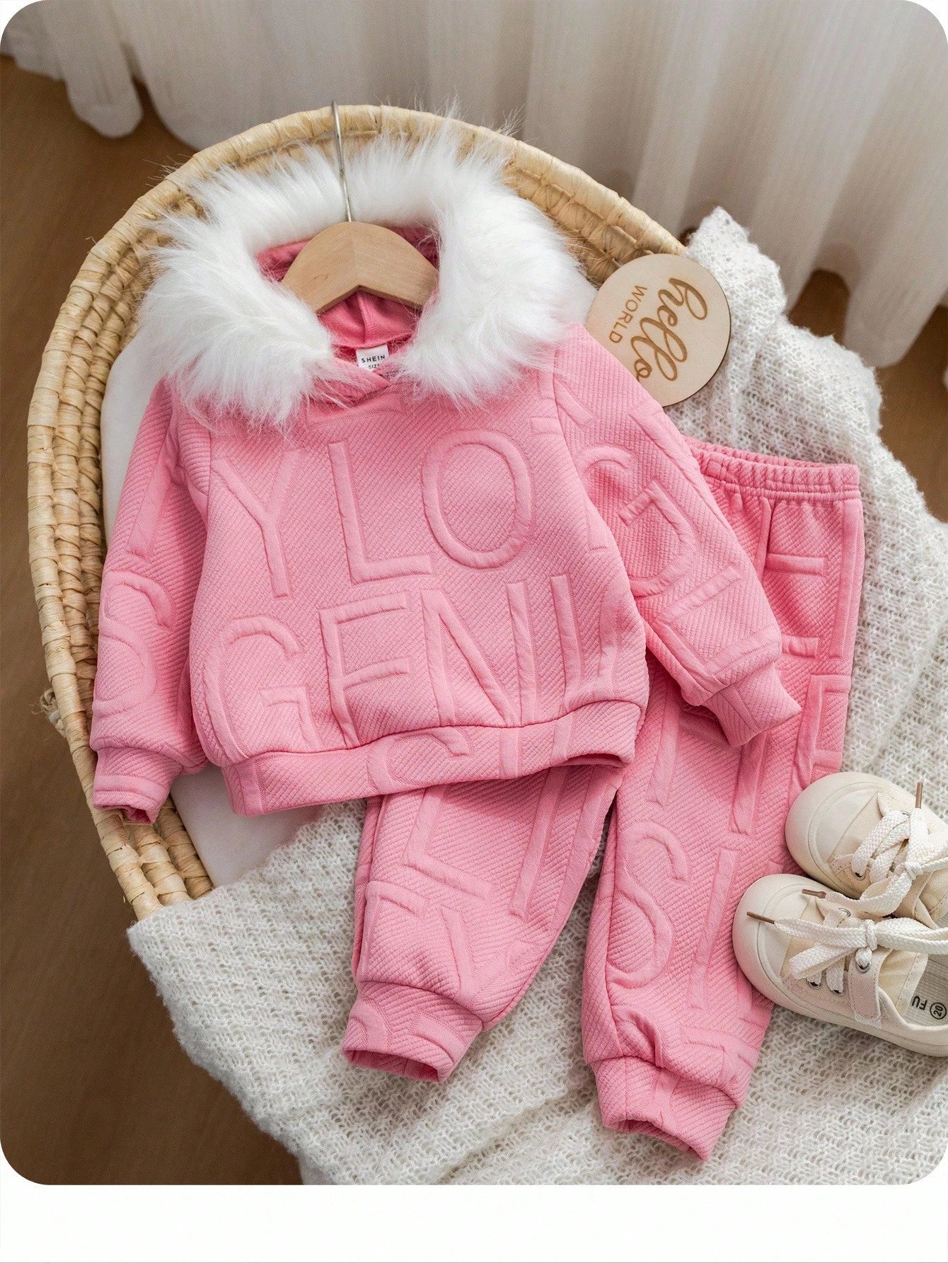 2pcs Baby Girl Cute Pink Winter Outfit,Long Sleeve Hooded Sweatshirt With Furry Collar & Elastic Waist Pants Set,Casual Daily Wear For Play Date