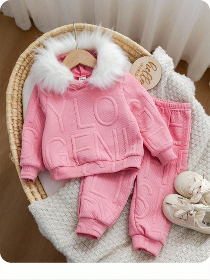 2pcs Baby Girl Cute Pink Winter Outfit,Long Sleeve Hooded Sweatshirt With Furry Collar & Elastic Waist Pants Set,Casual Daily Wear For Play Date