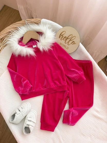 2pcs Baby Girl Cute Pink Winter Outfit,Long Sleeve Hooded Sweatshirt With Furry Collar & Elastic Waist Pants Set,Casual Daily Wear For Play Date