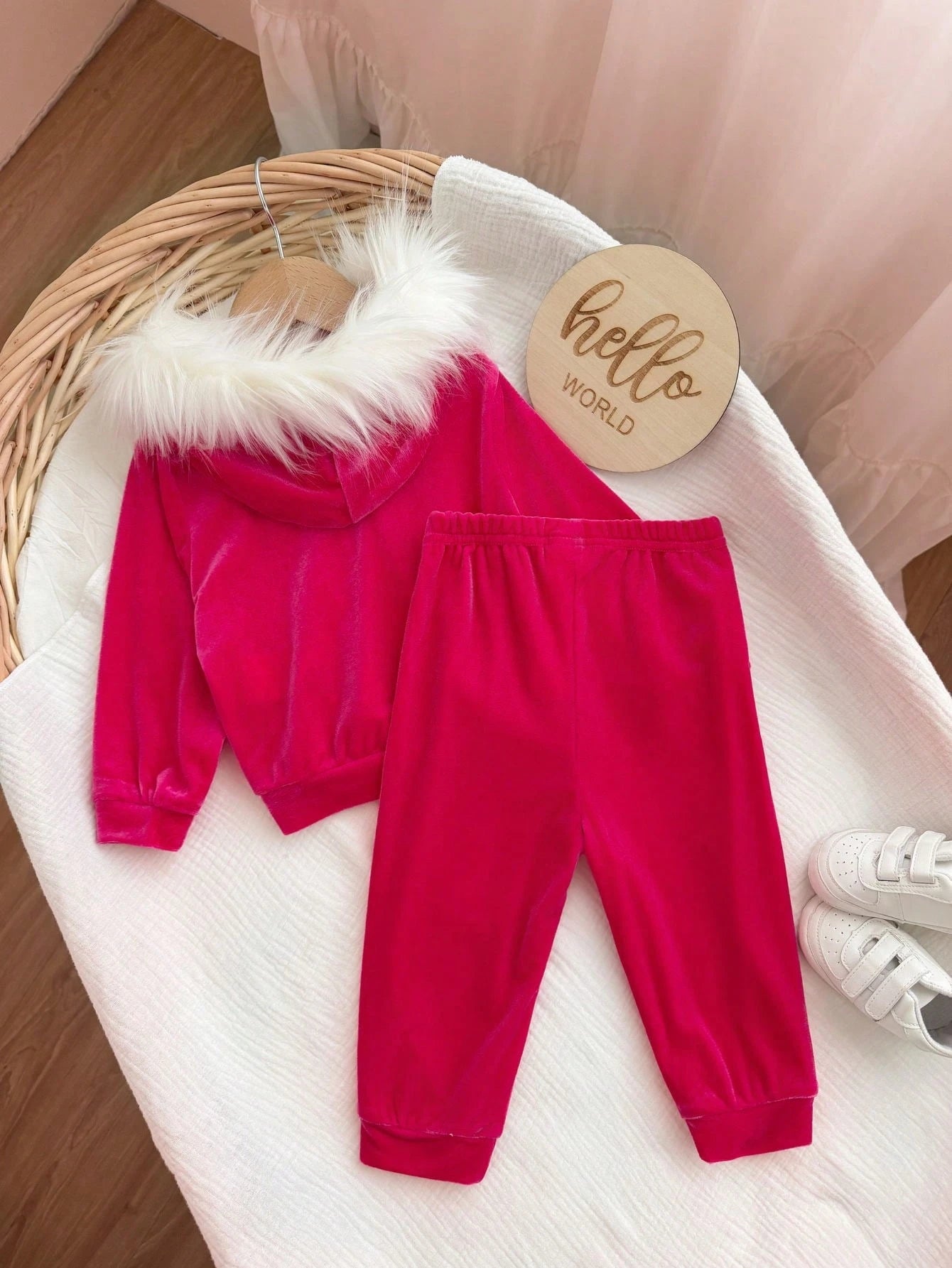 2pcs Baby Girl Cute Pink Winter Outfit,Long Sleeve Hooded Sweatshirt With Furry Collar & Elastic Waist Pants Set,Casual Daily Wear For Play Date
