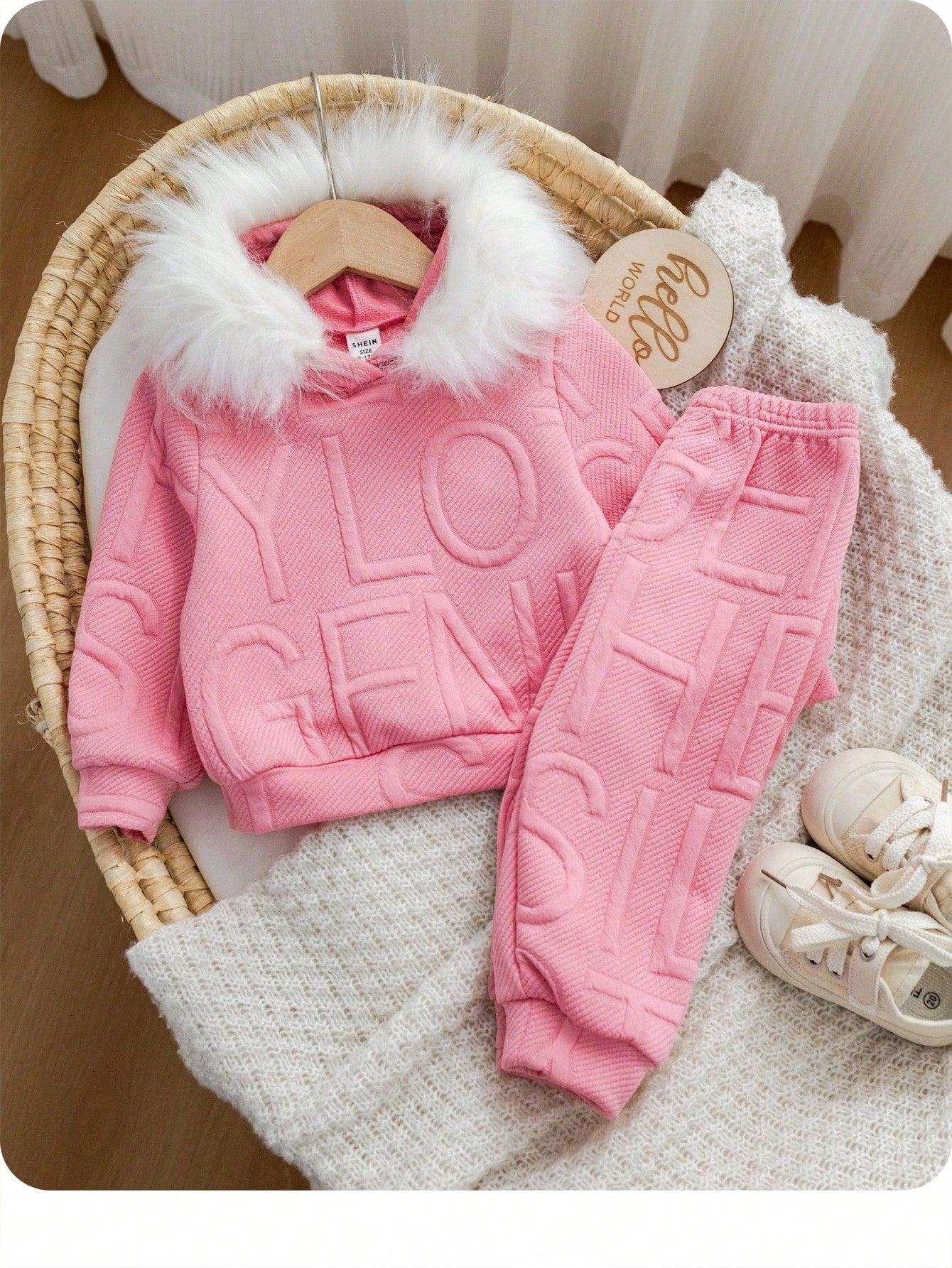 2pcs Baby Girl Cute Pink Winter Outfit,Long Sleeve Hooded Sweatshirt With Furry Collar & Elastic Waist Pants Set,Casual Daily Wear For Play Date