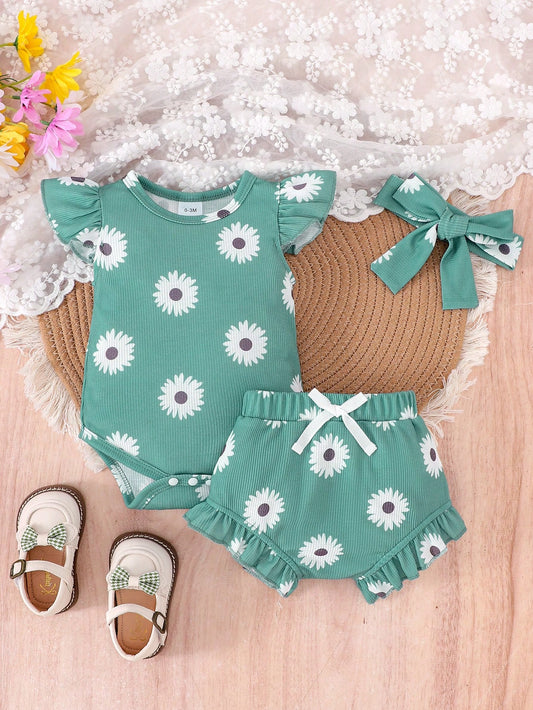 2pcs Baby Girl Cute Print Thin Romper And Shorts With Headband Set, Summer