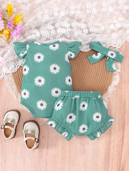 2pcs Baby Girl Cute Print Thin Romper And Shorts With Headband Set, Summer