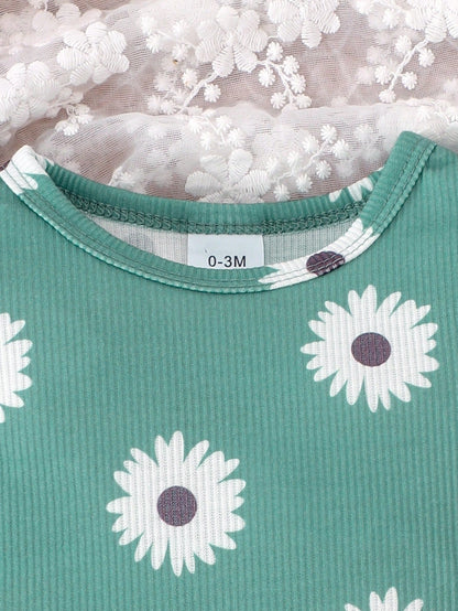 2pcs Baby Girl Cute Print Thin Romper And Shorts With Headband Set, Summer